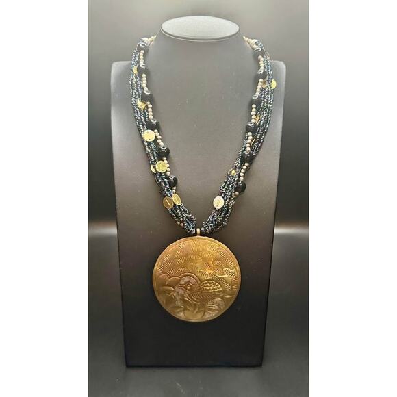 Vintage Handcrafted Brass Etched Bird Pendant with Beaded Collar Necklace - Picture 2 of 10